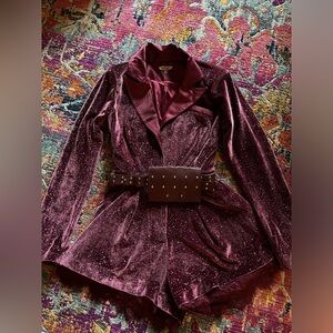 Rosevelvet Burgundy Sparkle Dress Romper with Belt pouch